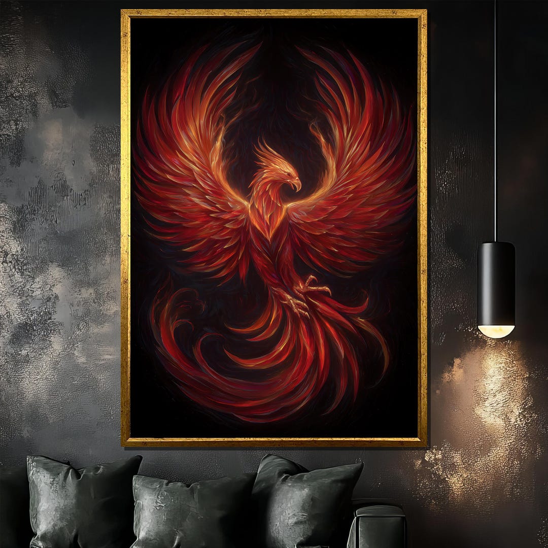 Fiery Phoenix Canvas Painting, Red Mythical Bird Wall Art With Dark ...