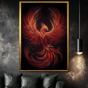 Fiery Phoenix Canvas Painting, Red Mythical Bird Wall Art with Dark Background, Rebirth Symbol Artwork for Home Decor, Unique Art Gift