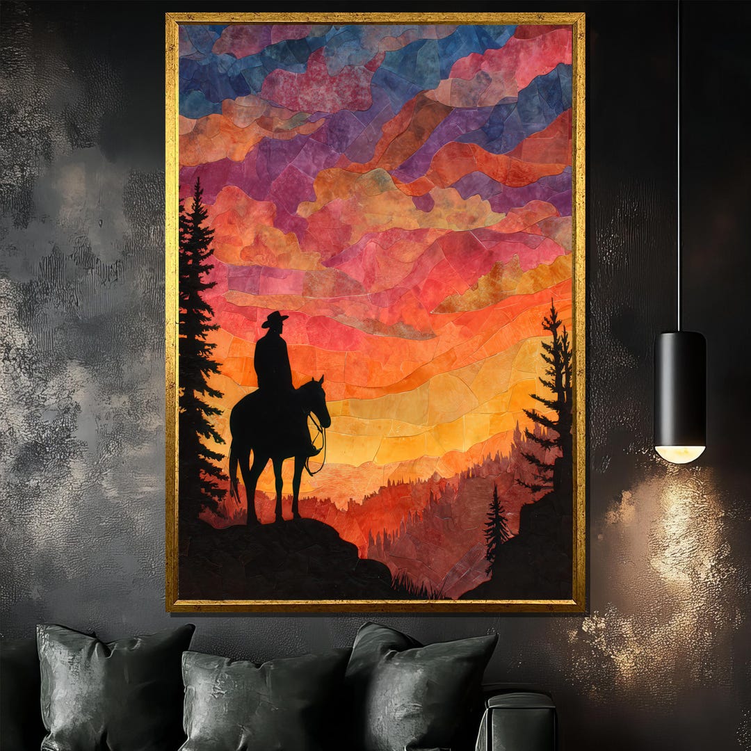 Western Cowboy Canvas Painting, Sunset Horse Rider Wall Art, Vibrant ...