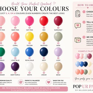 May include: A colour chart for DIY balloon garland kits, featuring a range of balloon shades including pinks, reds, yellows, blues, and purples. The image includes text that reads "Choose Your Colours" and provides ordering instructions.