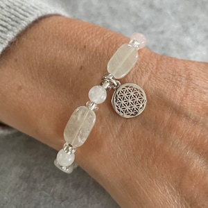 Healing stone bracelet with aventurine, rose quartz, glass beads and pendant: flower of life, silver