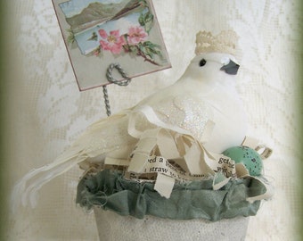 Handmade  Bird Flower Pot Vintage Peat Pot  Handmade Spring Decoration Altered Peat Pot Vintage Bird Decoration Shabby White Dove