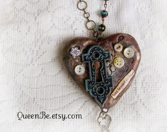 Altered Mixed Media Jewelry Altered Keyhole Necklace Vintage Escutcheon Necklace Vintage Mixed Media Vintage Gypsy Necklace Heart Pendant