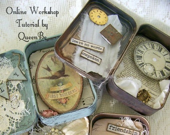 Altered Tin Shadowbox Handmade DIY Online Workshop Online Tutorial Vintage Mixed Media Vintage Handmade Instructional Video Download QueenBe