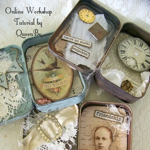 Altered Tin Shadowbox Handmade DIY Online Workshop Online Tutorial Vintage Mixed Media Vintage Handmade Instructional Video Download QueenBe