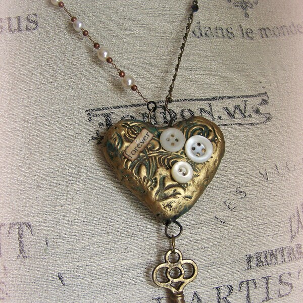Valentine Jewelry Altered Necklace Vintage Chain Necklace Mixed Media Vintage Necklace Heart Pendant Wearable Art
