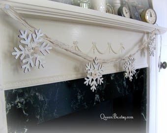 Handmade Winter Decor White Christmas Snowflake Banner Christmas Garland Vintage Snowflake Christmas Bunting White Silver Handmade Christmas