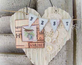 Shabby White Decor Vintage Bird Ornament Vintage Lace Vintage Mixed Media Cottage Style Heart Wall Hanging Antique Paper Heart Ornament