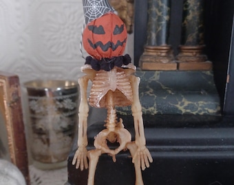 Handmade Paper Mache Halloween Ornament Skeleton Cat Pumpkin Vintage Style Halloween Decor Hand Sculpted Jack O' Lantern