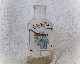 Handmade Altered Bottle Vintage Bottle Shabby Vintage Bird Decor Original Altered Art Bottle Antique Bird Altered Apothecary Bottle