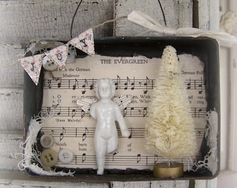 White Christmas Decoration Altered Tin Wall Hanging Vintage Christmas Decor Christmas Fairy Ornament  Vintage Mixed Media Bottle Brush Tree