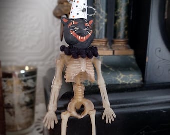Handmade Paper Mache Halloween Ornament Skeleton Cat Pumpkin Vintage Style Halloween Decor Hand Sculpted Jack O' Lantern