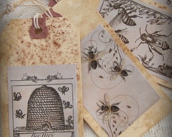 4 Vintage Style Bumble Bee Gift Tags Nature Themed Gift Tags All Occasion Handmade Tags Distressed Altered Collage Bookmark