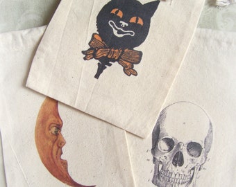 3 Handmade Halloween Gift Bags Gift Bag Set Vintage Halloween Bags Muslin Drawstring Bag Halloween Treat Bags Vintage Decor