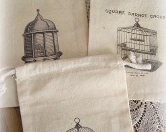 Set of 3 Muslin Drawstring Fabric Gift Bags Reusable  Bags  Vintage Bee Bird Theme Jewelry Storage Shelf Display Instant Collection Aviary