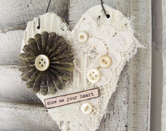 Shabby White Decor Vintage Mixed Media Ornament Vintage Lace Decor Vintage Style Shabby White Antique Paper Heart Ornament Wall Decor