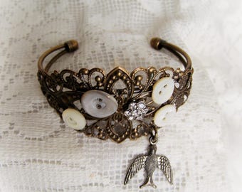 Steampunk Bracelet Vintage Style Altered Bracelet Filigree Cuff Bracelet Vintage Buttons Rhinestone Ornate Charm Bracelet Charm Bracelet