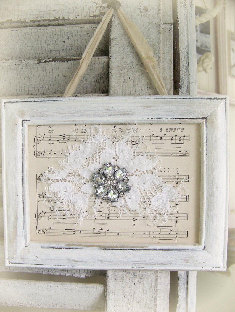 Shabby White Lace Collage Vintage Rhinestone Wall Art Cottage Etsy