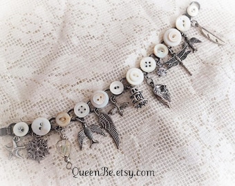 Vintage Style Button Charm Bracelet Antique Buttons Silver Nature Charm Bracelet Gypsy Style BOHO Bracelet Altered Jewelry Altered Bracelet