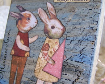 Altered Art Altered Rabbit Art French Collage Original Vintage Rabbit Collage Mixed Media Collage  5 x 5 with wire easel OOAK