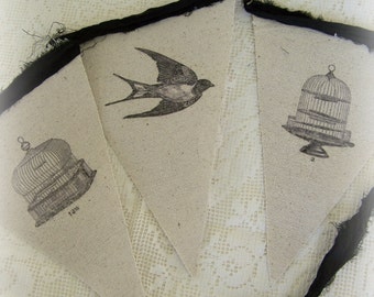 Handmade Bird Banner Vintage Banner Canvas Bunting Bird  Decor Shabby White Decor Black White Decor Vintage Bird  Birdcage Fabric Banner