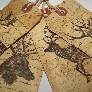 4 Gift Tags WOODLAND DEER Vintage Grunge Woodland Theme Christmas Gift Tags Gift Tag Set Vintage Christmas Ornament Set Nature Lover zdjęcie 2