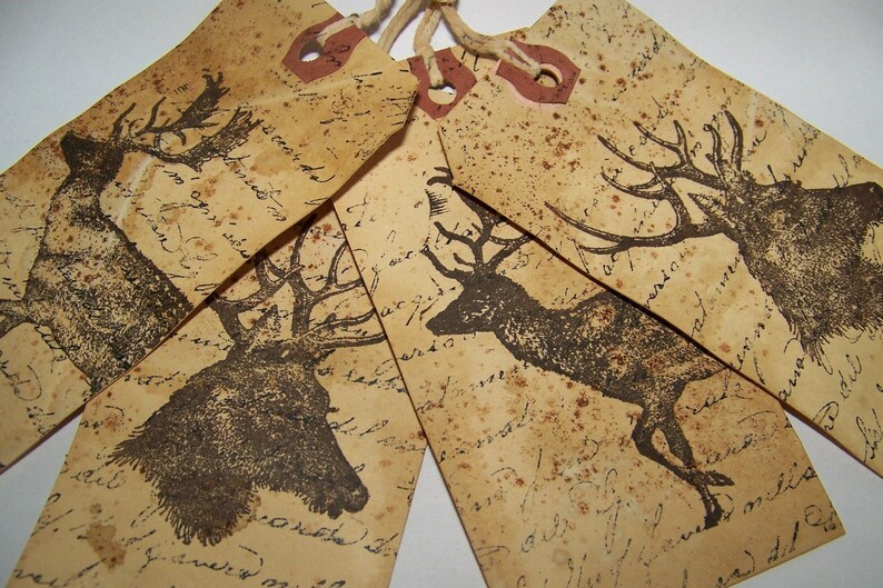 4 Gift Tags WOODLAND DEER Vintage Grunge Woodland Theme Christmas Gift Tags Gift Tag Set Vintage Christmas Ornament Set Nature Lover image 2