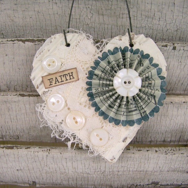 Shabby White Decor Floral Heart Ornament Vintage Lace  Vintage Mixed Media Cottage Style Heart Wall Hanging Antique Paper Heart Ornament