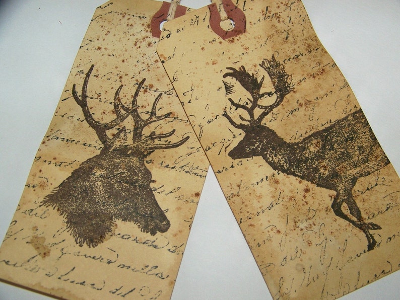 4 Gift Tags WOODLAND DEER Vintage Grunge Woodland Theme Christmas Gift Tags Gift Tag Set Vintage Christmas Ornament Set Nature Lover image 4