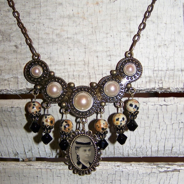 Vintage Tintype and Pearl Necklace Pendant Antique Chain