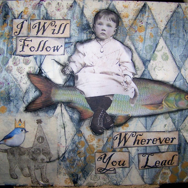 Art Print of Original Mixed Media Painting Collage Vintage Whimsical Child and Friends