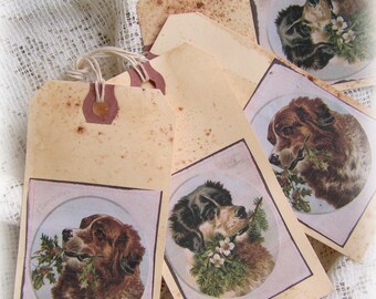 Handmade Christmas Vintage Christmas Gift Tags Vintage Dog Decor Gift Tag Set Grunge Tags Holiday Tags Vintage Dog Victorian Christmas Decor