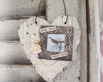 Shabby White Decor Vintage Bird Ornament Vintage Lace Vintage Mixed Media Cottage Style Heart Wall Hanging Antique Paper Heart Ornament