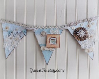 Handmade Spring Banner Vintage Blue Bird Art Vintage Bird Banner Mini Spring Banner Paper Bunting Vintage Spring Decor Vintage Floral Decor