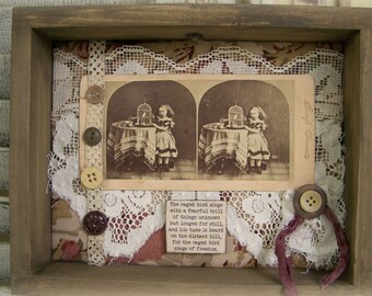 Original Altered Art Collage Caged Bird Art Vintage Bird Maya Angelou Antique Stereoscopic Card Vintage Mixed Media Assemblage