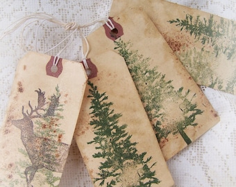 4  Gift Tags WOODLAND DEER Vintage Christmas  Woodland Theme Christmas Gift Tags Gift Tag Set Vintage Woodland Ornament Set Nature Lover