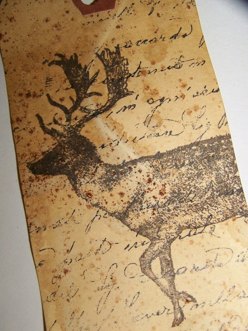 4 Gift Tags WOODLAND DEER Vintage Grunge Woodland Theme Christmas Gift Tags Gift Tag Set Vintage Christmas Ornament Set Nature Lover image 1