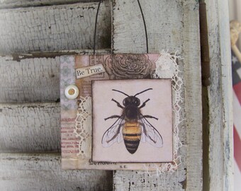 Original Mini Collage Vintage Bee Ornament Altered Mixed Media Vintage Bee Art Collage Vintage  Altered Art Bee Art Altered Art
