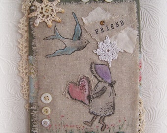 Handmade Fabric Collage Hand Painted Vintage Fabric Collage Textile Collage Wall Hanging Vintage Lace Sun Bonnet Sue Sunbonnet Gift Friend