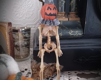 Handmade Paper Mache Halloween Ornament Skeleton Cat Pumpkin Vintage Style Halloween Decor Hand Sculpted Jack O' Lantern