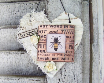 Shabby White Decor Vintage Bird Ornament Vintage Lace Vintage Mixed Media Cottage Style Heart Wall Hanging Antique Paper Heart Ornament