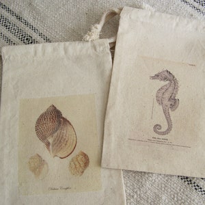 Set of 2 Muslin Drawstring Fabric Gift Bags Reusable  Bags Nautical Beach Theme Jewelry Storage Shelf Display Instant Collection Coastal