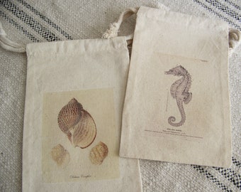 Set of 2 Muslin Drawstring Fabric Gift Bags Reusable  Bags Nautical Beach Theme Jewelry Storage Shelf Display Instant Collection Coastal
