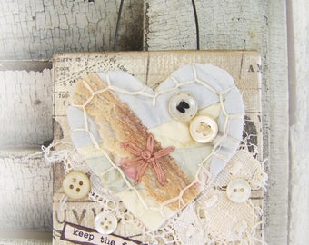 Handmade Original Collage Vintage Found Object Collage Vintage Lace Buttons Altered Art  Vintage Mixed Media Vintage Vintage Heart