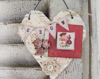 Shabby White Decor Vintage Floral Ornament Vintage Lace Vintage Mixed Media Cottage Style Heart Wall Hanging Antique Paper Heart Ornament