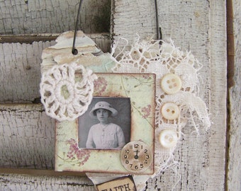 Shabby White Decor Floral Heart Ornament Vintage Lace  Vintage Mixed Media Cottage Style Heart Wall Hanging Antique Paper Heart Ornament