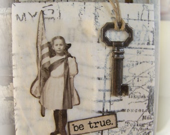 Original Antique Photograph Collage Vintage Ornament Altered Mixed Media  Collage Art Miniature Art QueenBe  Vintage American Flag Decor Art