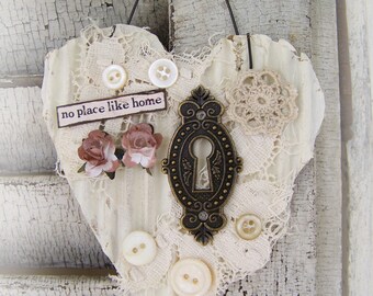 Shabby White Decor Vintage Mixed Media Keyhole Ornament Vintage Decor Vintage Style Shabby White Antique Paper Heart Ornament Wall Decor