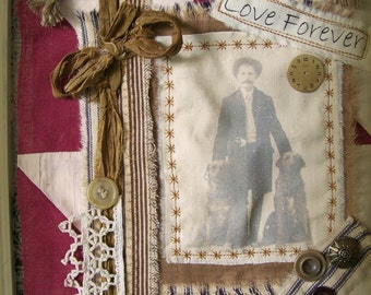 Original  Dog Art Dog Collage Vintage Dog Wall Hanging Mixed Media Fabric Collage Antique Quilt  Vintage Style Decor Vintage Red