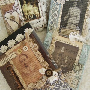 May include: Four small, square, wooden boxes decorated with vintage paper, lace, and fabric scraps. Each box features a different image and text, including a group of children, a woman in a dress, a key, and a man's face. The boxes are perfect for storing small treasures or trinkets.